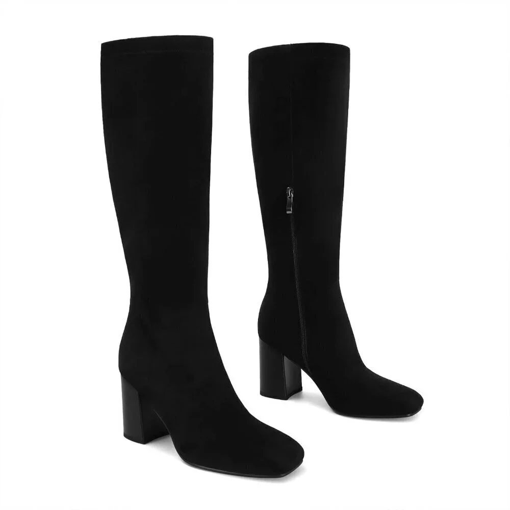 Women's Black Suede Faux Leather Fashion Square Toe Chunky Heel Knee High Boots